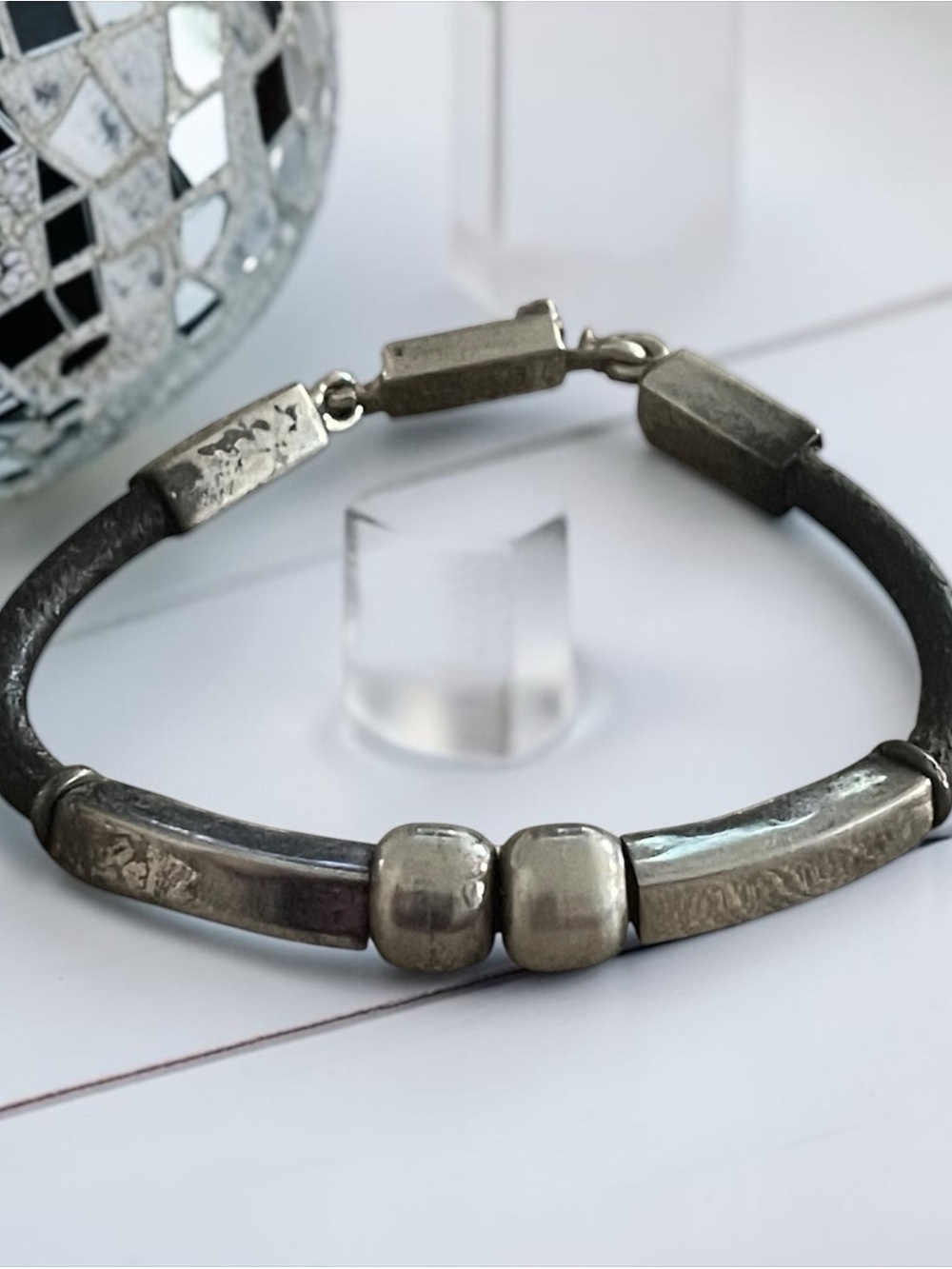 Vintage Mexican Sterling Silver and Black Leather Bracelets